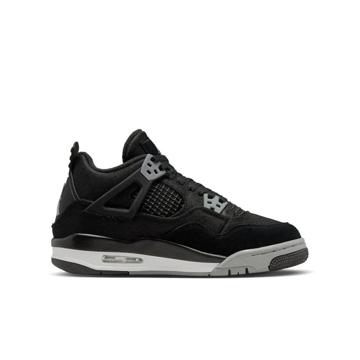 Air Jordan 4 Retro Black Canvas (GS) sneaker in black canvas and suede, featuring a modern design for kids.