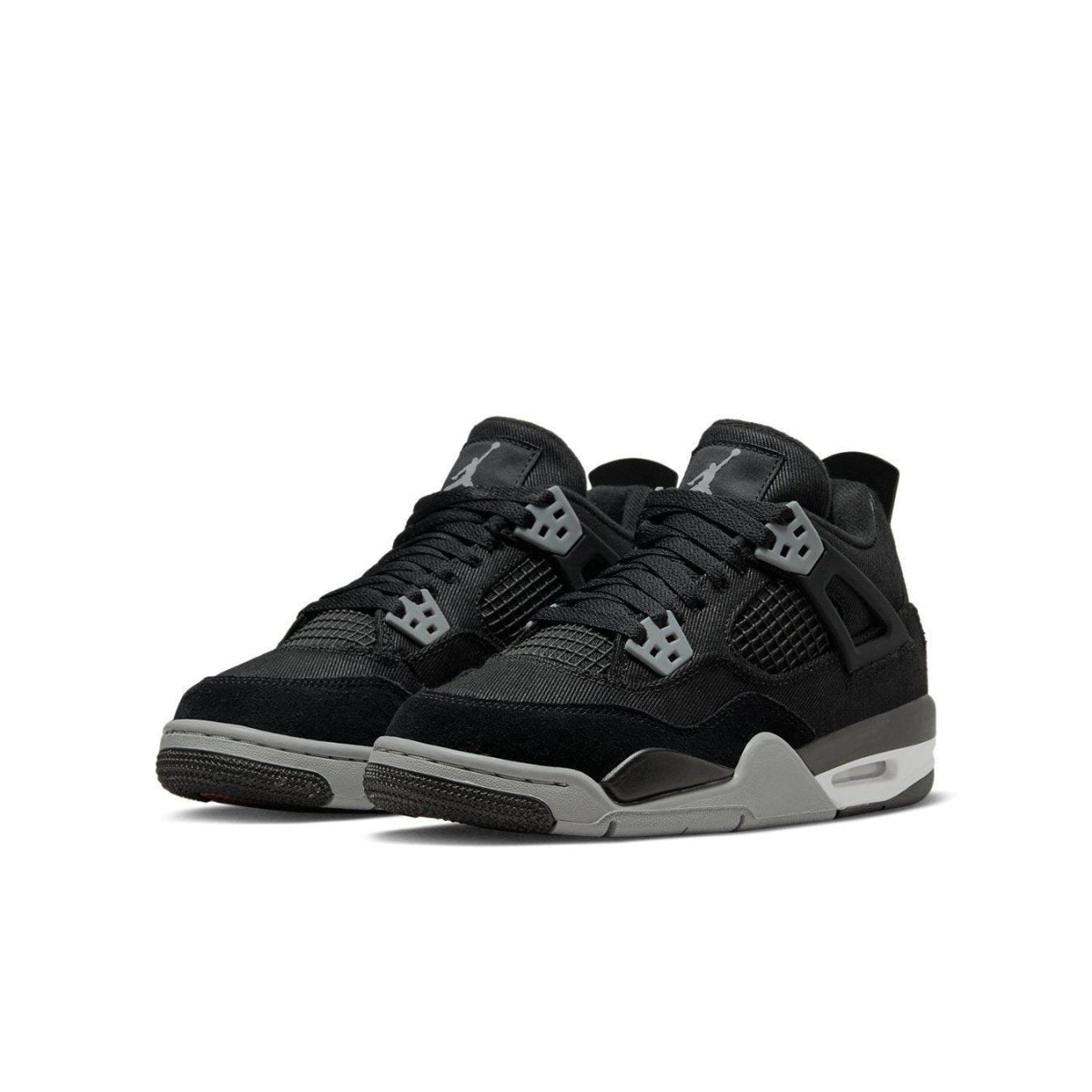 Air Jordan 4 Retro Black Canvas GS sneakers in black and grey, featuring suede and mesh upper for kids.