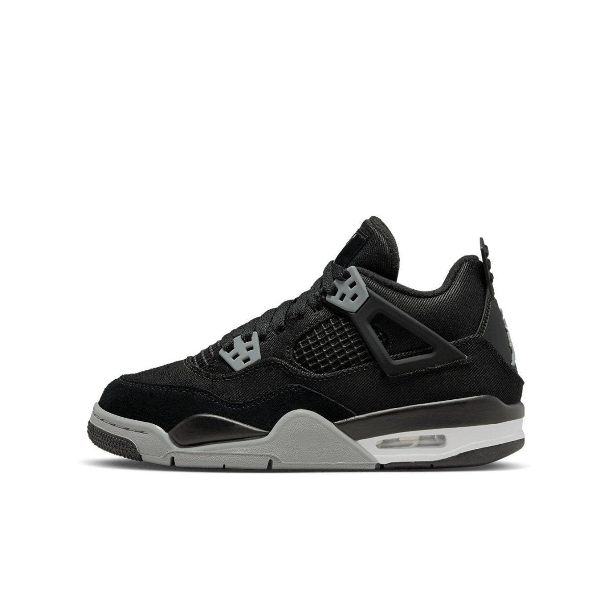 Air Jordan 4 Retro Black Canvas GS, stylish children's sneakers featuring black canvas and suede design.