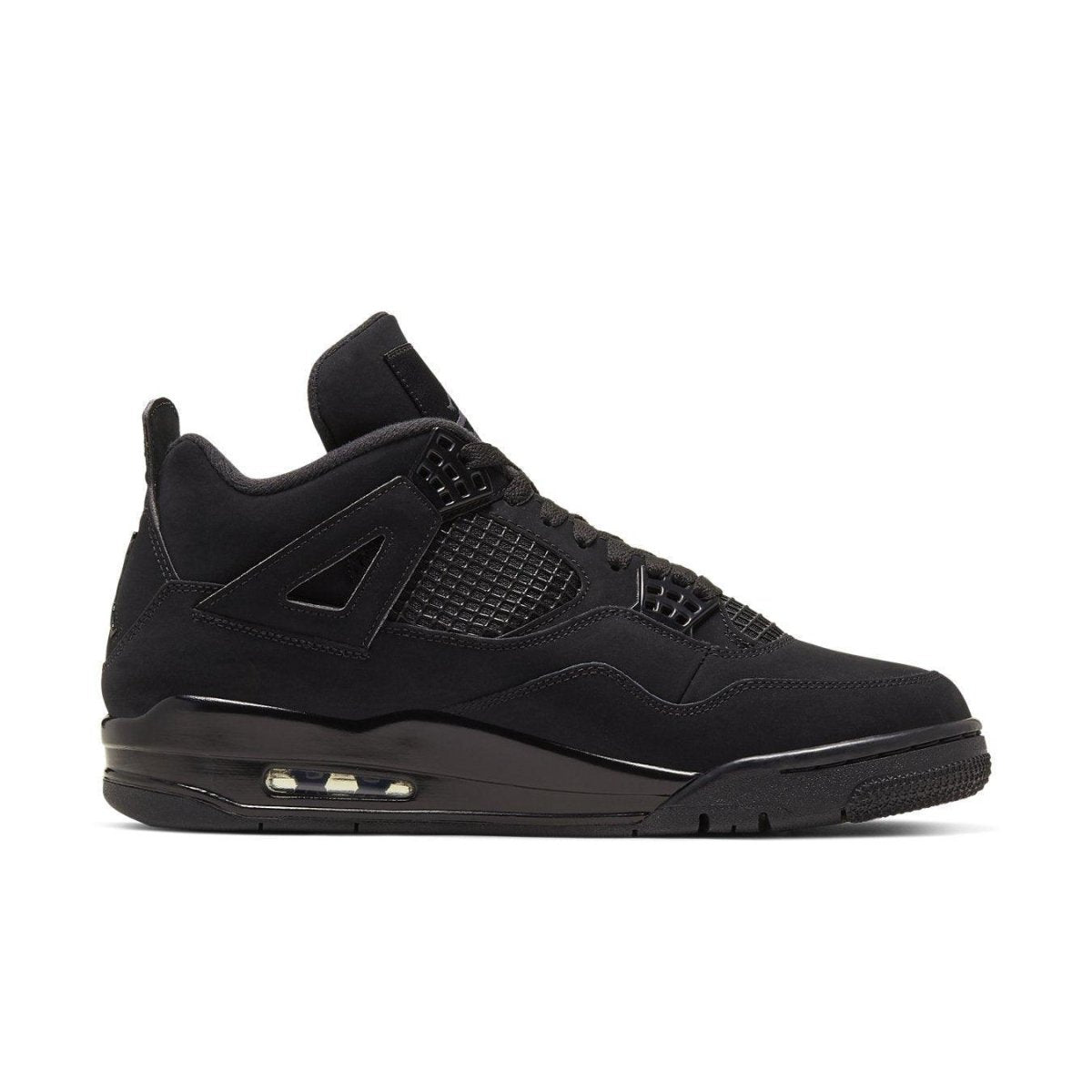 Jordan 4 Retro Black Cat (2020) in all-black suede and nubuck, featuring a glossy finish and Air technology for comfort.