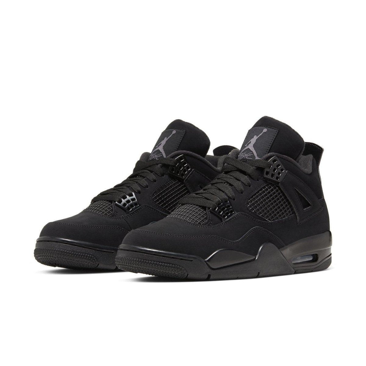 Jordan 4 Retro Black Cat shoes in all-black suede and nubuck, featuring glossy eyelets and Air technology.