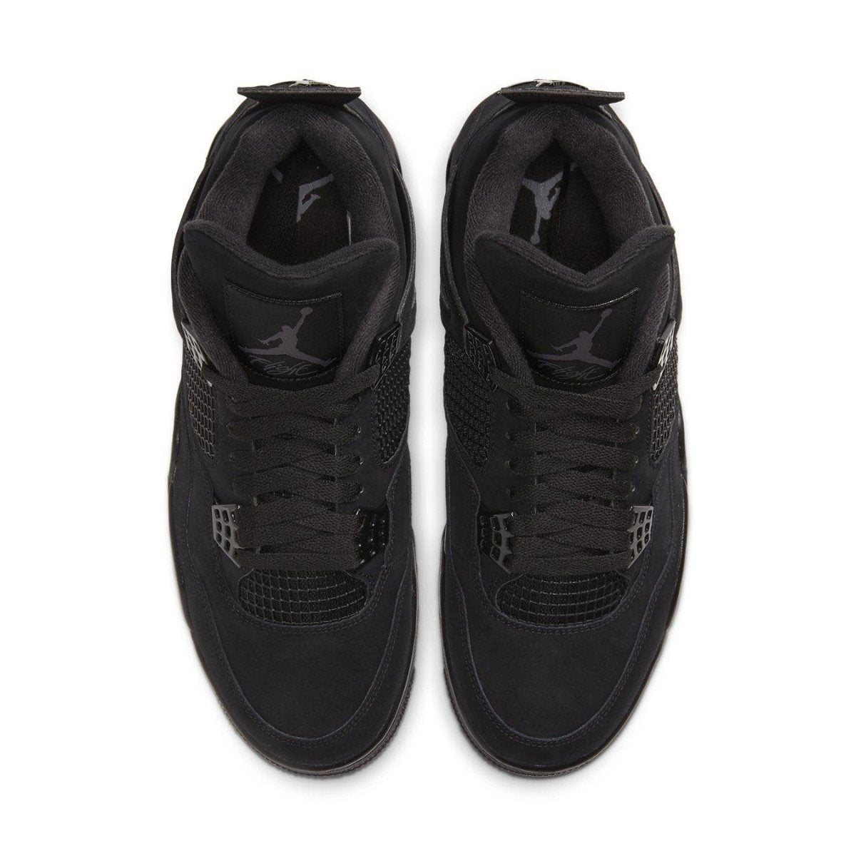 Top view of Jordan 4 Retro Black Cat (2020) sneakers in all-black premium materials.