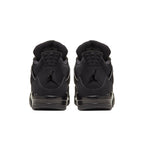 Jordan 4 Retro Black Cat (2020) back view, featuring all-black design with premium suede and nubuck materials.