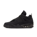 Jordan 4 Retro Black Cat (2020) in all-black suede and nubuck, featuring glossy eyelets and midsole with Air technology.