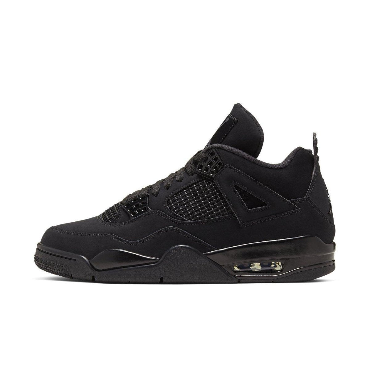 Jordan 4 Retro Black Cat (2020) in all-black suede and nubuck, featuring glossy eyelets and midsole with Air technology.