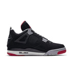 Jordan 4 Retro Bred (2019) sneaker, black nubuck upper with red and gray accents, celebrating a classic design.