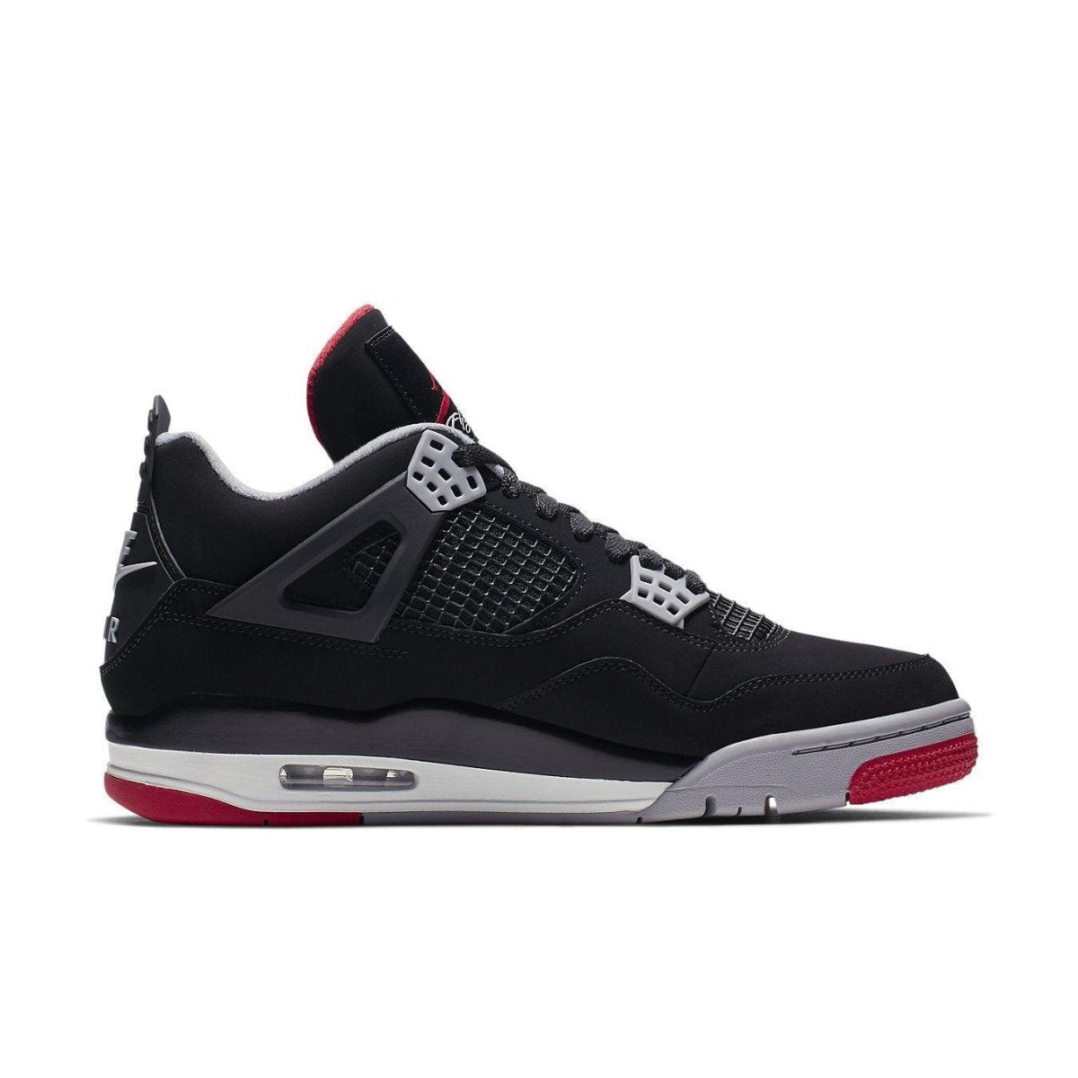 Jordan 4 Retro Bred (2019) sneaker, black nubuck upper with red and gray accents, celebrating a classic design.