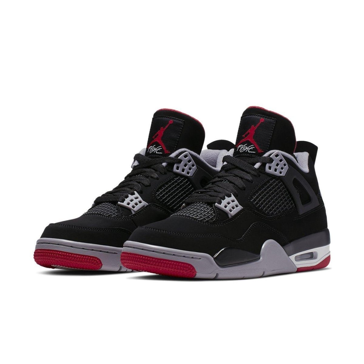 Jordan 4 Retro Bred 2019 black nubuck sneakers with red accents and Nike Air branding.
