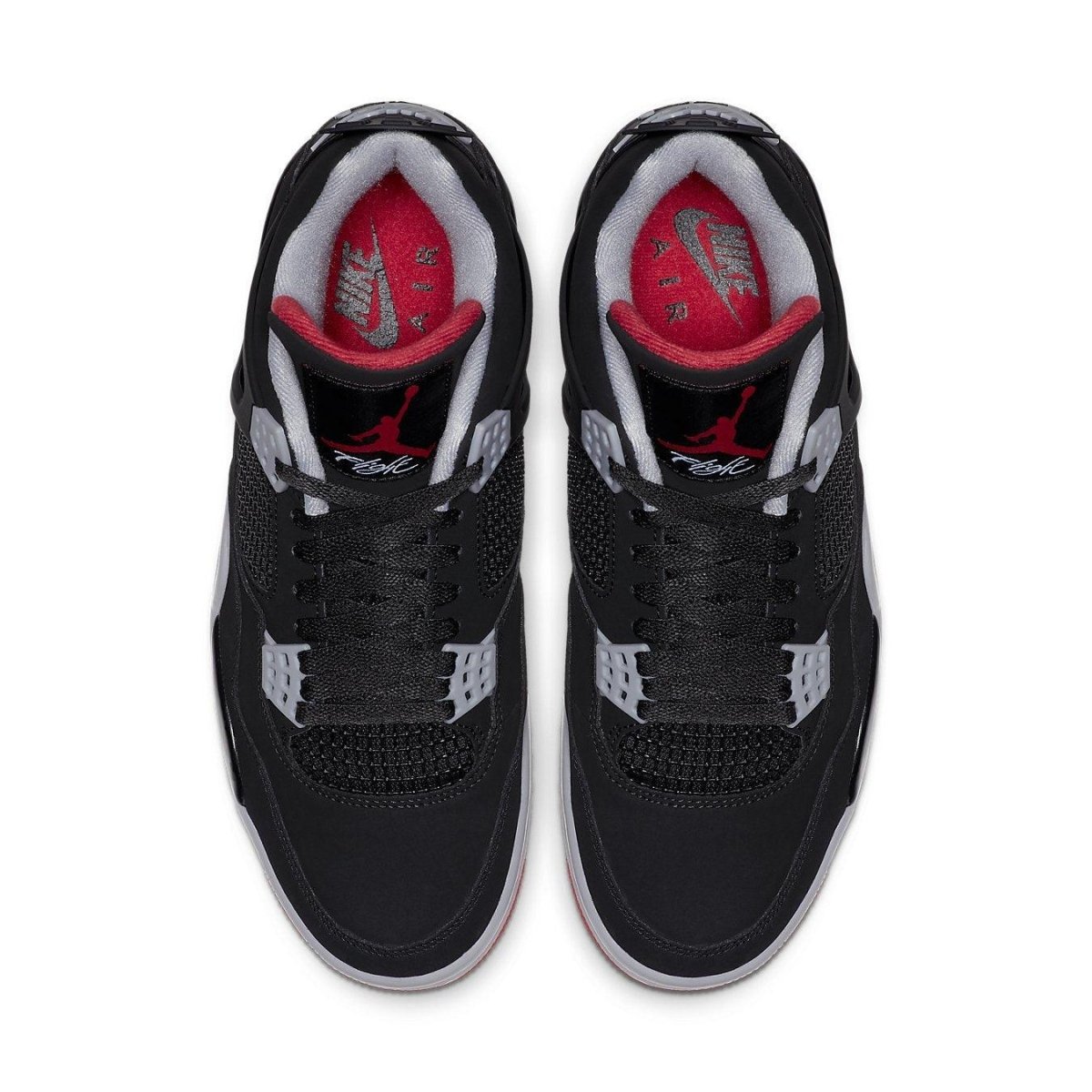 Air Jordan 4 Retro Bred (2019) top view featuring black nubuck upper and classic Nike Air branding.