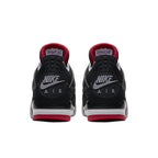 Nike Air Jordan 4 Retro Bred 2019 sneakers showing black nubuck upper and prominent Nike Air branding on the heel.