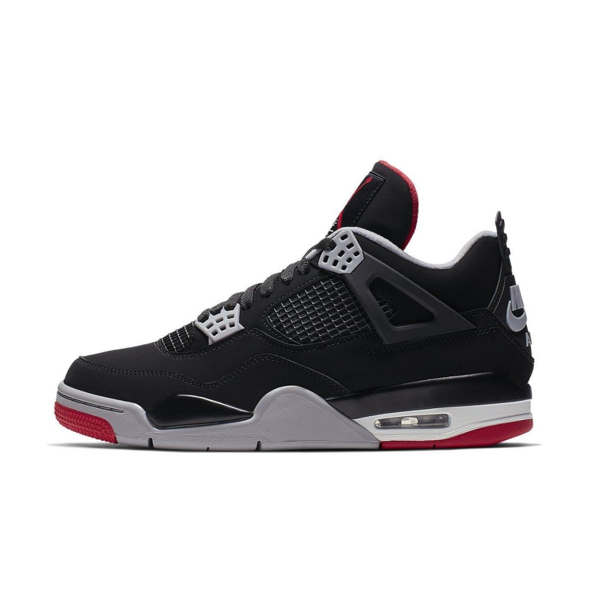 Jordan 4 Retro Bred 2019 sneaker in black and red colorway, featuring nubuck upper and visible Air Sole cushioning.