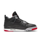Air Jordan 4 Retro Bred Reimagined sneaker in black, red, and grey, showcasing a modern take on a classic design.