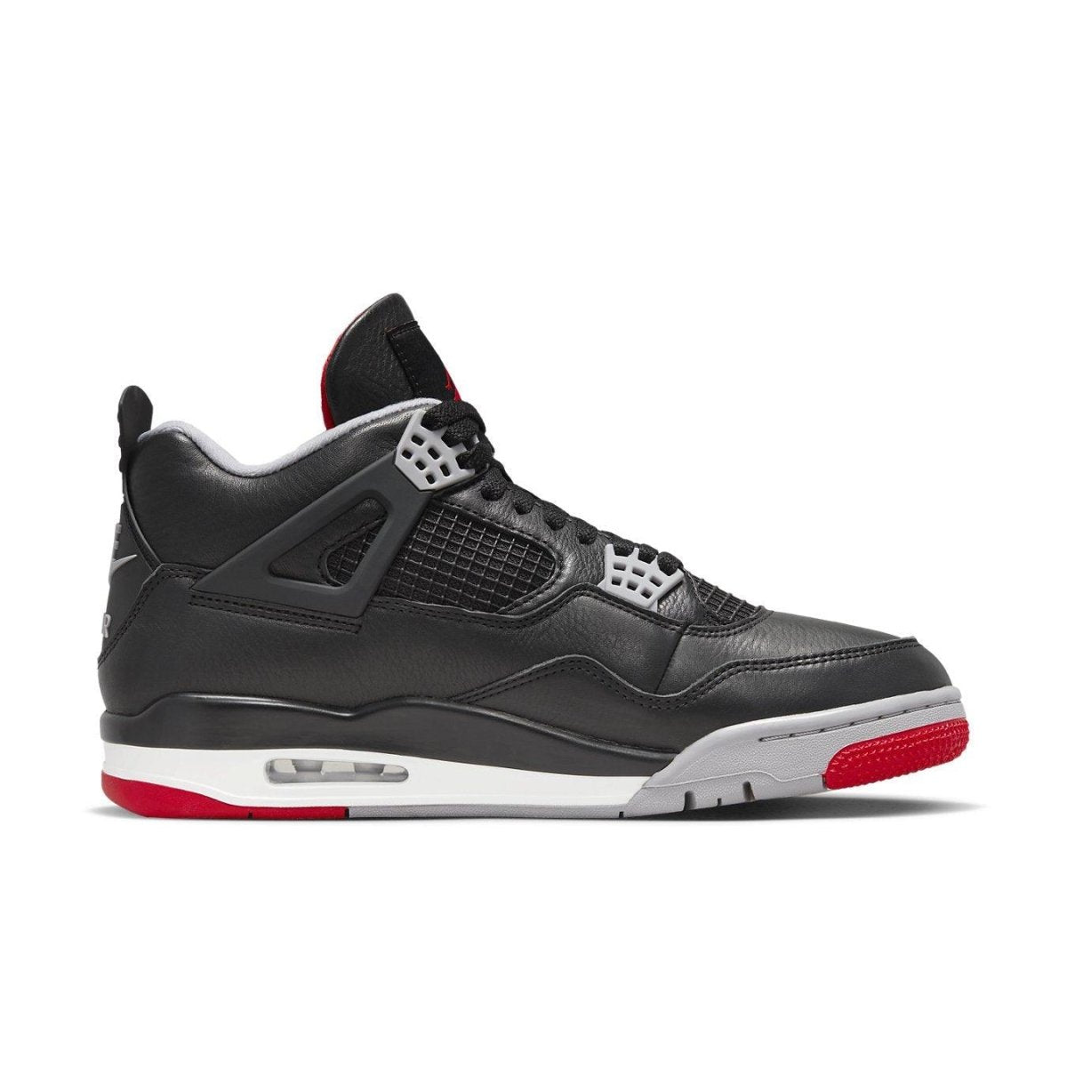 Air Jordan 4 Retro Bred Reimagined sneaker in black, red, and grey, showcasing a modern take on a classic design.