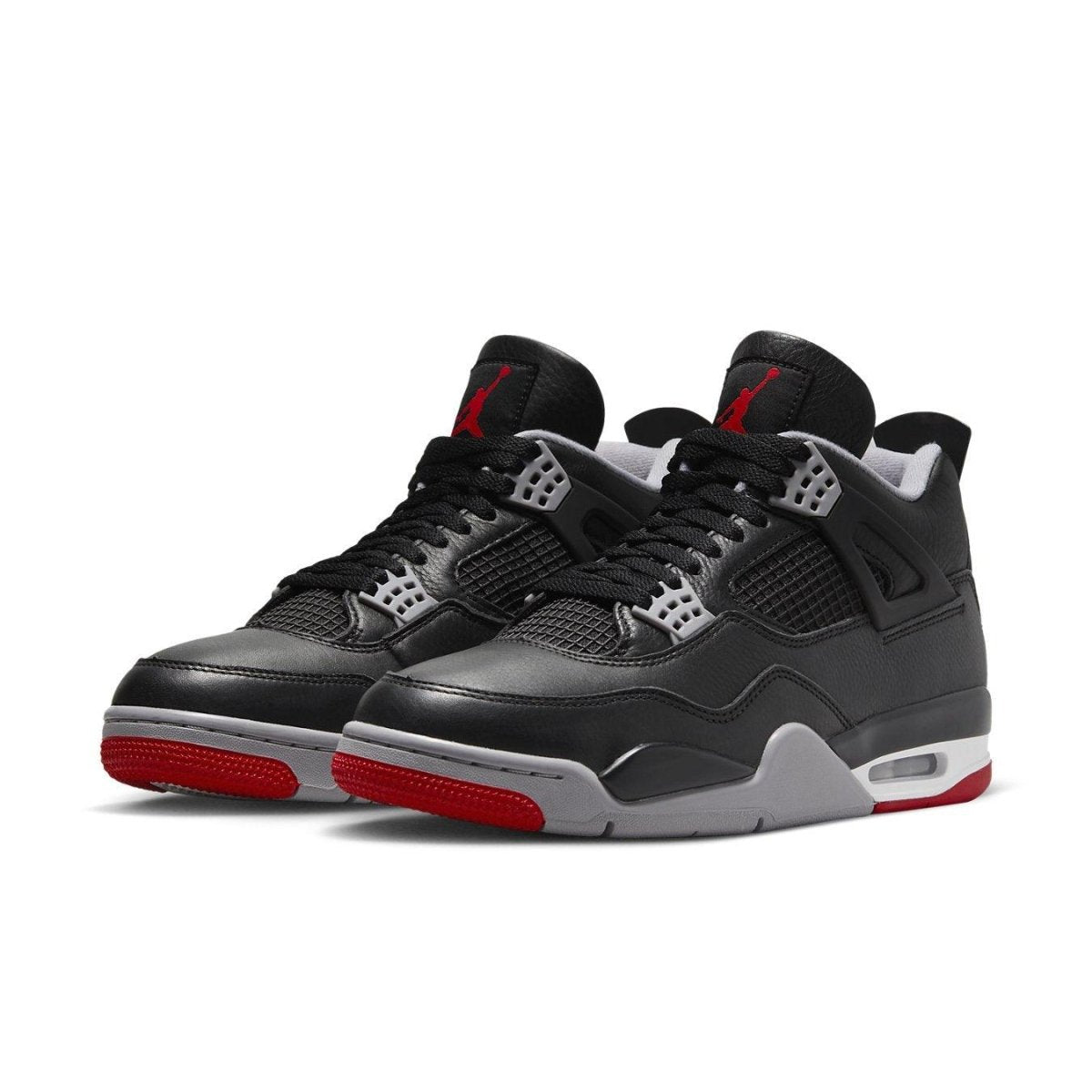 Air Jordan 4 Retro Bred Reimagined sneakers in black, red, and gray, showcasing classic style and modern design.