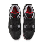 Air Jordan 4 Retro Bred Reimagined sneakers, featuring sleek black leather, red accents, and iconic design elements.