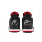 Rear view of Nike Air Jordan 4 Retro Bred Reimagined sneakers showcasing sleek black and red design.