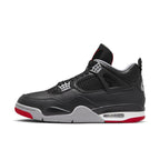 Air Jordan 4 Retro Bred Reimagined side view showcasing sleek black and red design.