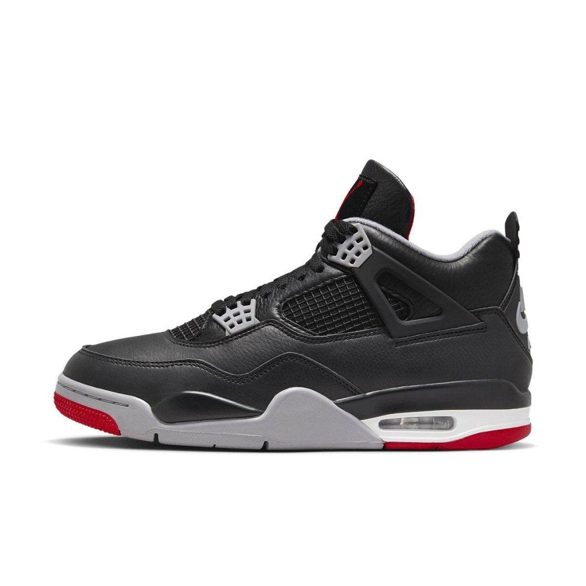 Air Jordan 4 Retro Bred Reimagined side view showcasing sleek black and red design.