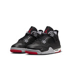 Air Jordan 4 Retro Bred Reimagined GS sneakers with black leather and red accents, showcasing vintage design.
