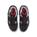 Top view of Air Jordan 4 Retro Bred Reimagined GS sneakers with black leather and red accents.