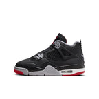 Air Jordan 4 Retro Bred Reimagined (GS) sneaker in black and red, showcasing vintage leather and classic design.