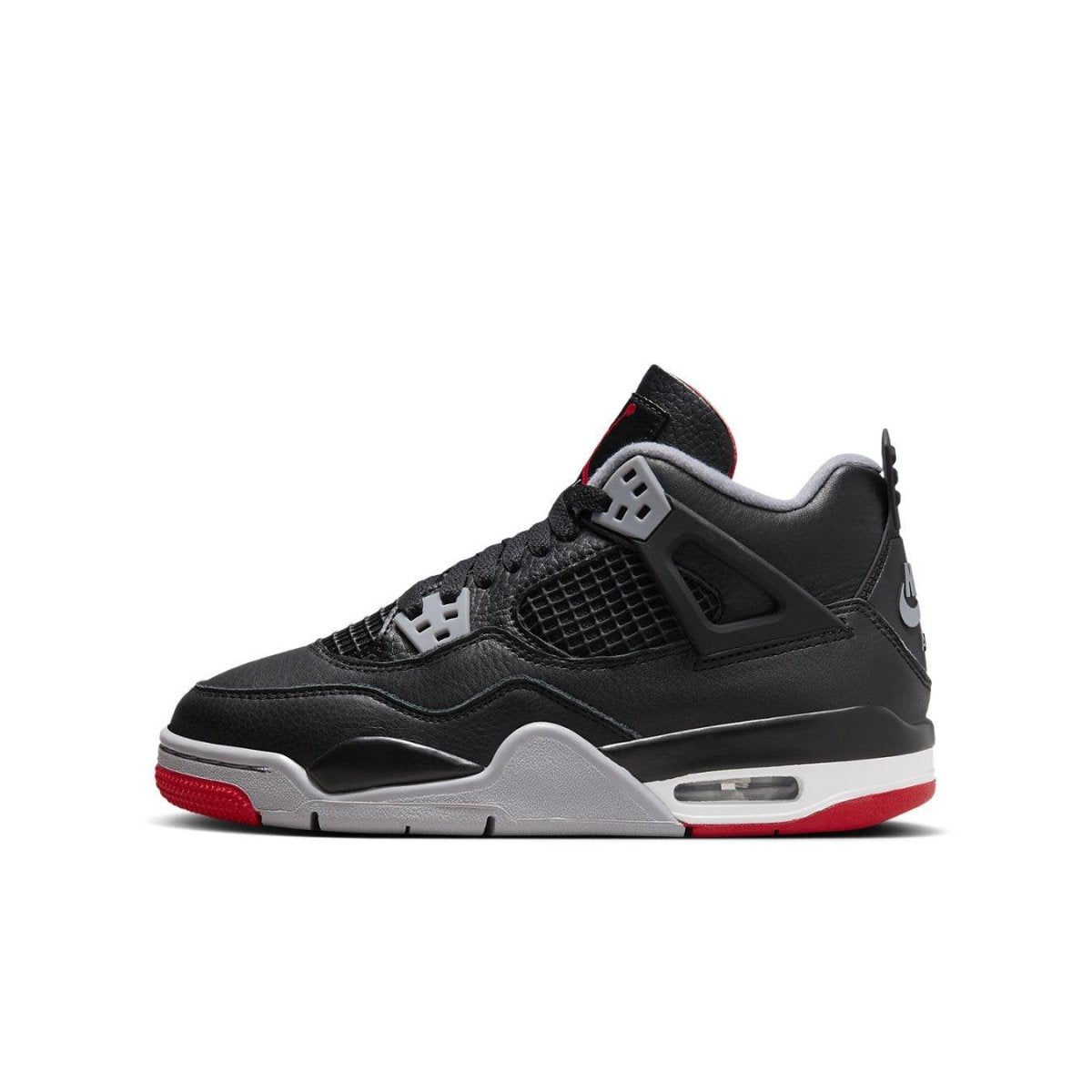Air Jordan 4 Retro Bred Reimagined (GS) sneaker in black and red, showcasing vintage leather and classic design.