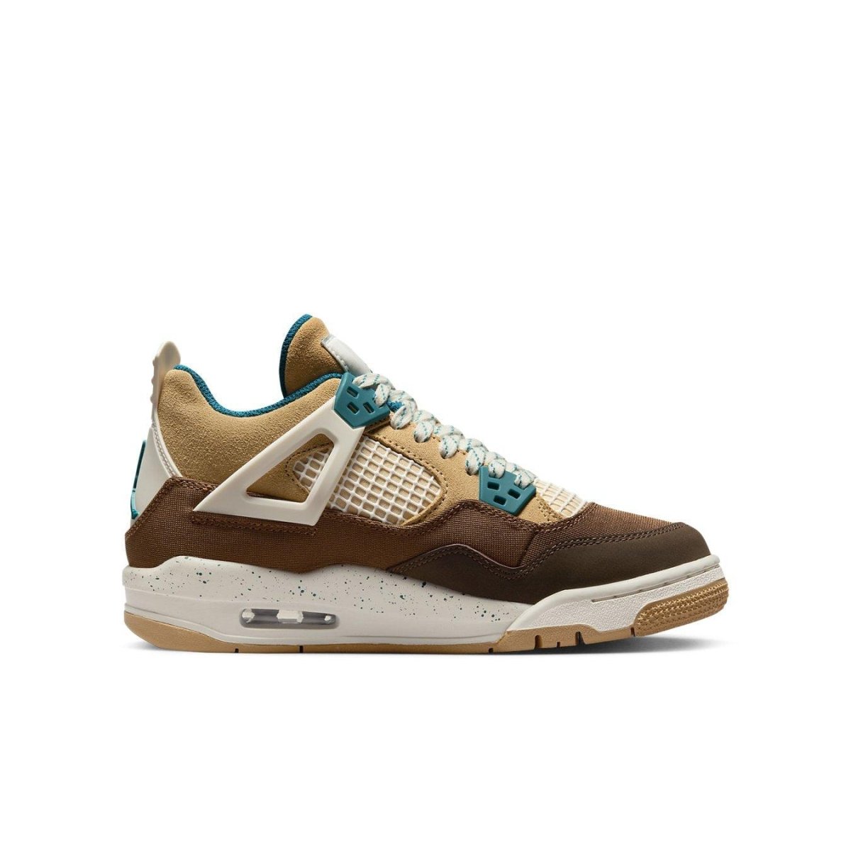 Air Jordan 4 Retro Cacao Wow GS for kids, featuring tan suede and dark chocolate leather accents with teal details.