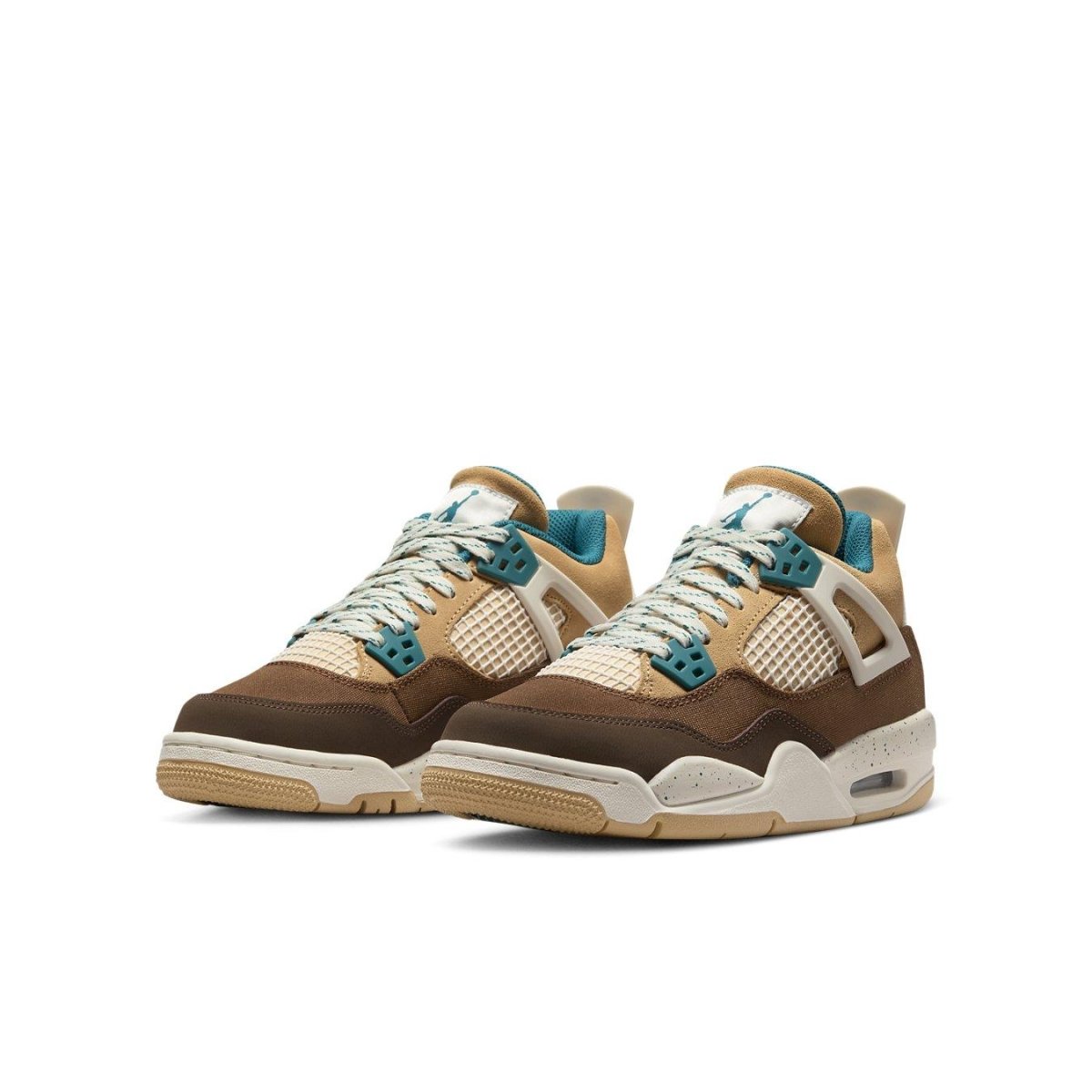 Air Jordan 4 Retro Cacao Wow for kids featuring tan suede, brown fabric, and dark green accents.