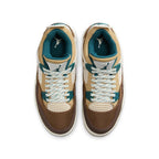Air Jordan 4 Retro Cacao Wow GS sneakers with tan and brown suede upper, teal accents, and Jumpman logo.