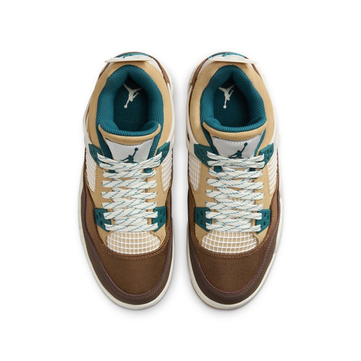 Air Jordan 4 Retro Cacao Wow GS sneakers with tan and brown suede upper, teal accents, and Jumpman logo.