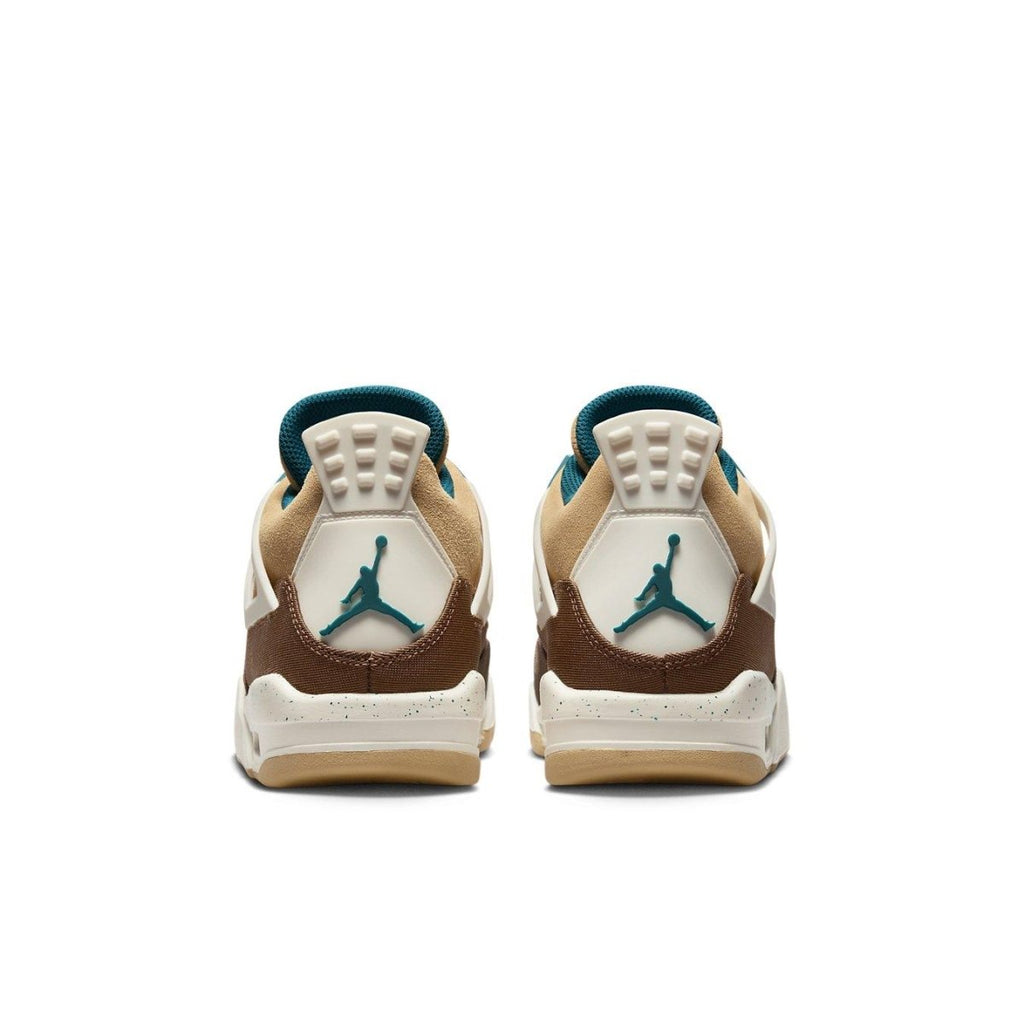 Air Jordan 4 Retro Cacao Wow GS kids' shoes, featuring tan suede, chocolate leather, and dark teal details.