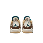 Air Jordan 4 Retro Cacao Wow GS kids' shoes, featuring tan suede, chocolate leather, and dark teal details.