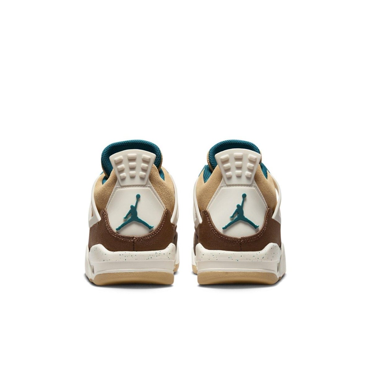 Air Jordan 4 Retro Cacao Wow GS kids' shoes, featuring tan suede, chocolate leather, and dark teal details.