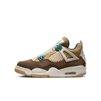 Air Jordan 4 Retro Cacao Wow GS kids sneakers in tan and brown suede with teal accents.