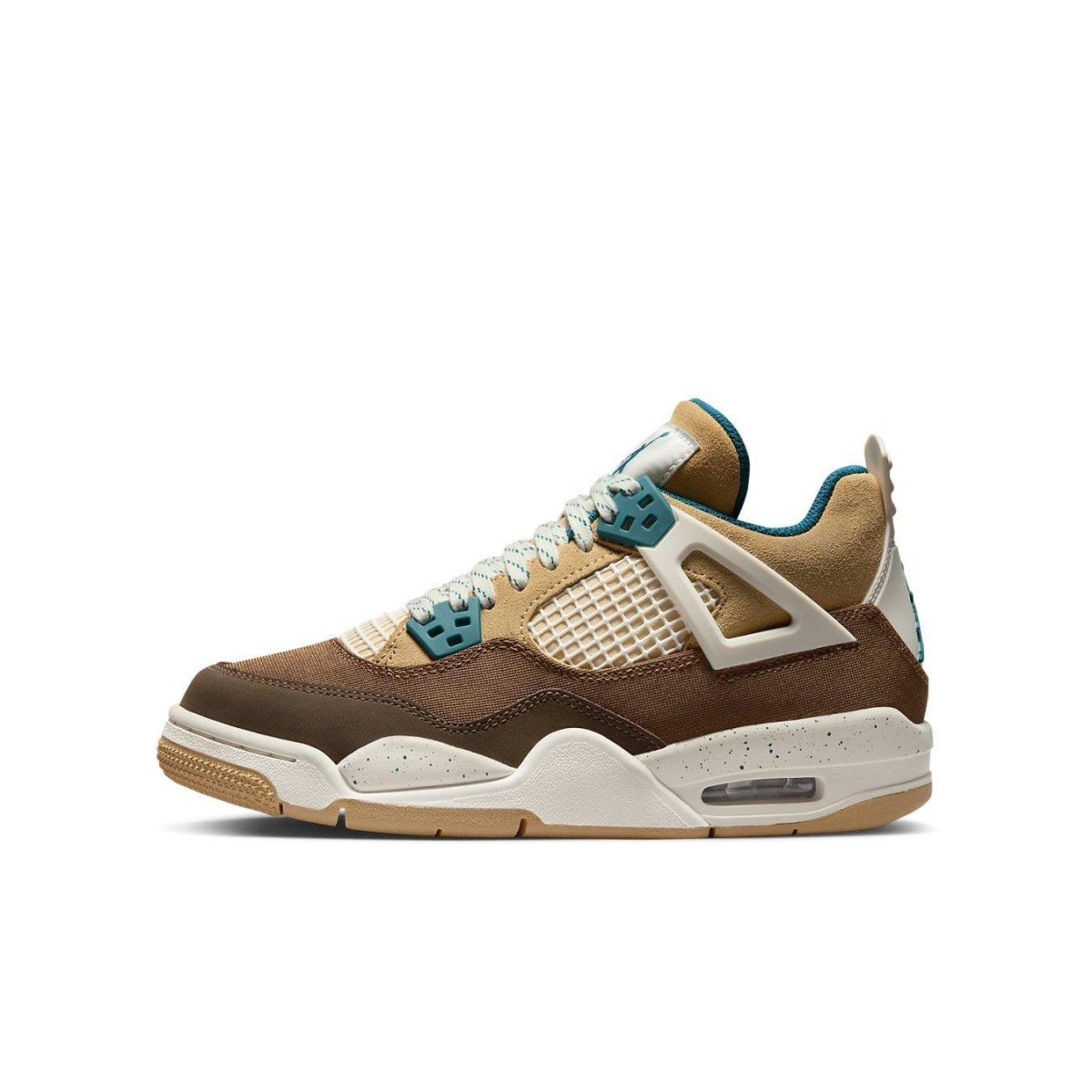 Air Jordan 4 Retro Cacao Wow GS kids sneakers in tan and brown suede with teal accents.