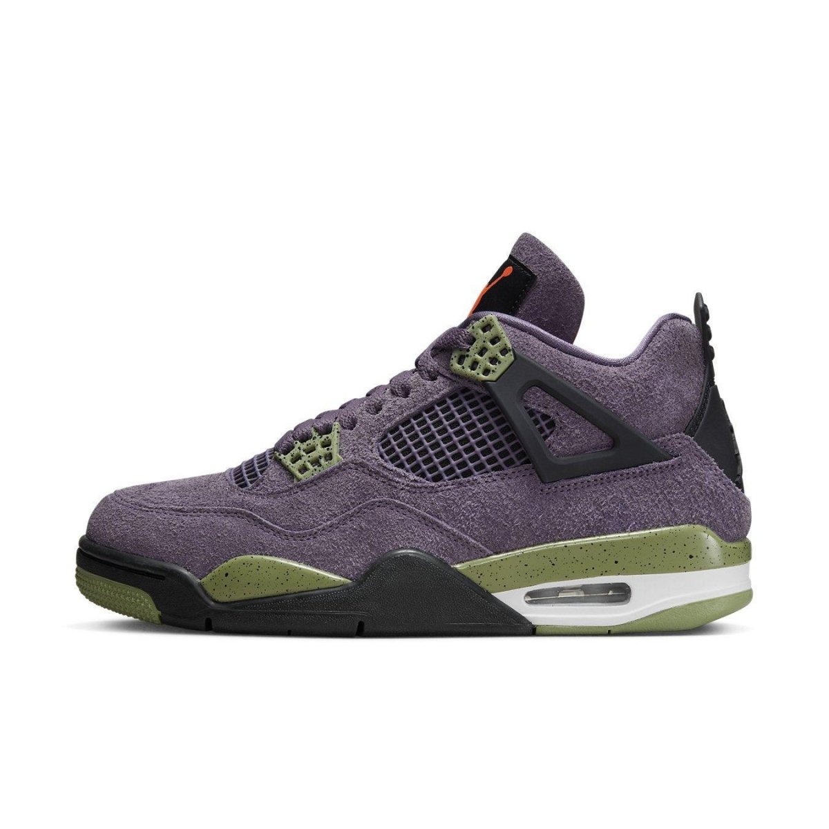 Air Jordan 4 Retro Canyon Purple sneaker in vibrant purple suede with lime accents and black details.