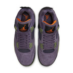 Air Jordan 4 Retro Canyon Purple women's sneakers featuring purple suede, lime green accents, and iconic Jumpman logo.