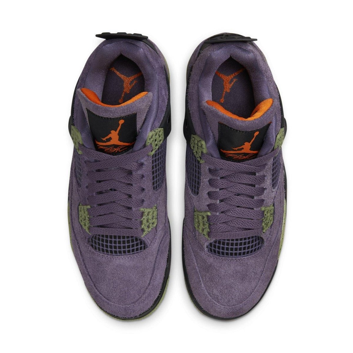 Air Jordan 4 Retro Canyon Purple women's sneakers featuring purple suede, lime green accents, and iconic Jumpman logo.