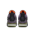 Rear view of Jordan 4 Retro Canyon Purple sneaker featuring purple suede and lime green accents.
