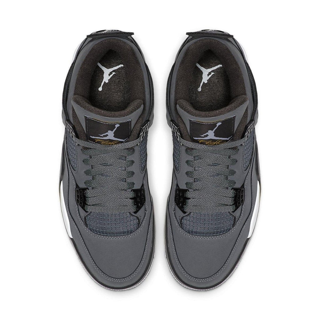 Top view of Air Jordan 4 Retro Cool Grey sneakers featuring gray nubuck and Varsity Maize accents.
