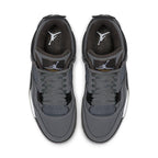 Top view of Air Jordan 4 Retro Cool Grey sneakers featuring gray nubuck and Varsity Maize accents.