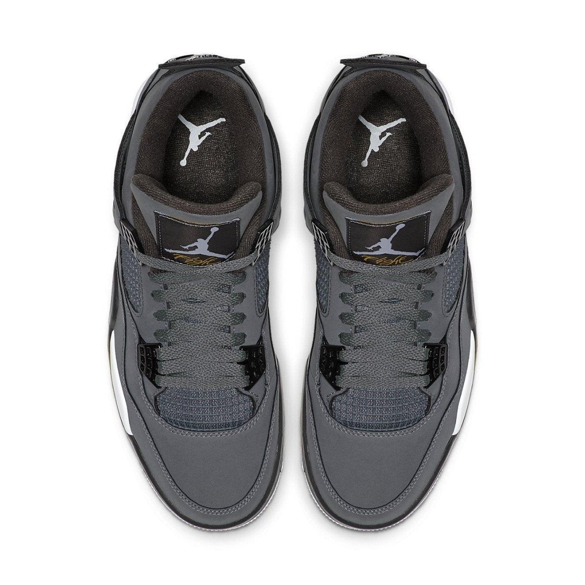 Top view of Air Jordan 4 Retro Cool Grey sneakers featuring gray nubuck and Varsity Maize accents.