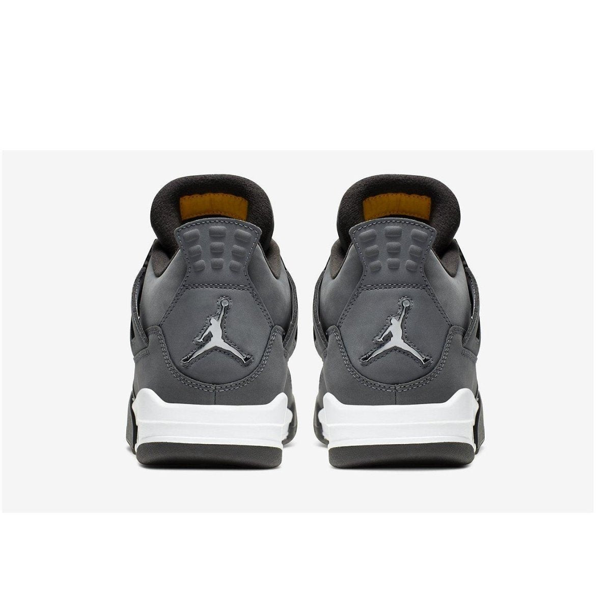 Rear view of Air Jordan 4 Retro 'Cool Grey' sneakers showcasing grey nubuck and iconic Jumpman logo.
