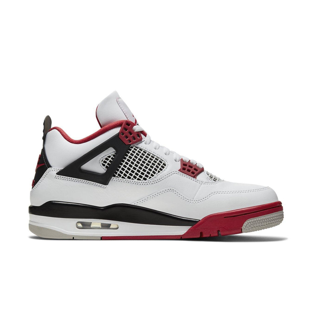 Jordan 4 Retro Fire Red 2020, classic white leather sneakers with Fire Red accents and Nike Air logo.
