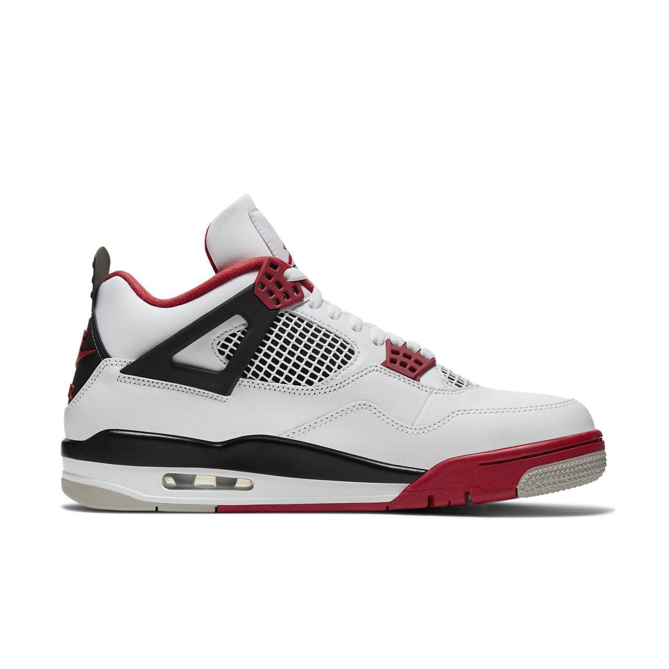 Jordan 4 Retro Fire Red 2020, classic white leather sneakers with Fire Red accents and Nike Air logo.