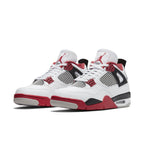 Air Jordan 4 Retro Fire Red 2020 featuring white leather upper and vibrant Fire Red accents.