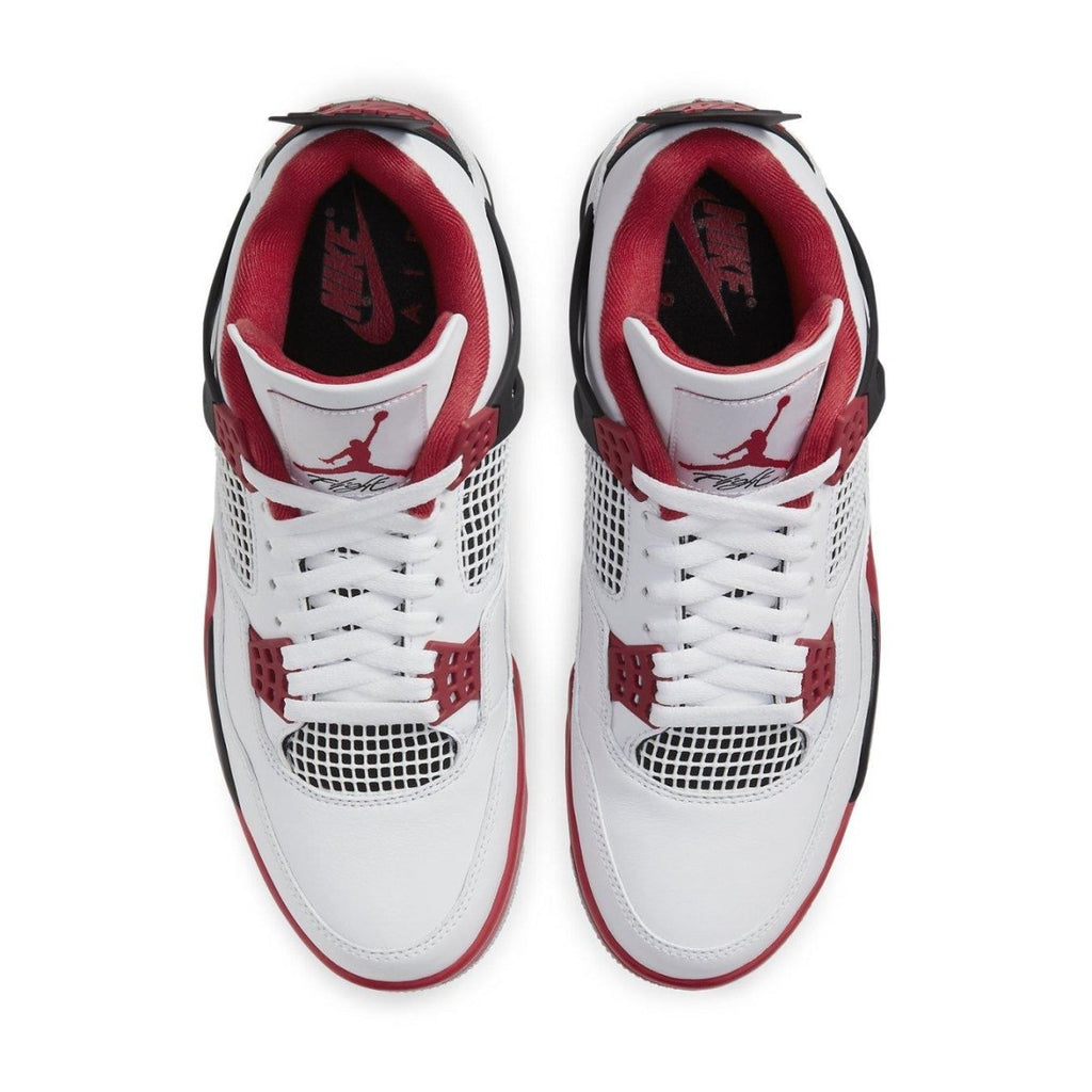 Top view of Jordan 4 Retro Fire Red 2020 sneakers featuring white leather, Fire Red accents, and Nike logo.