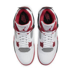 Top view of Jordan 4 Retro Fire Red 2020 sneakers featuring white leather, Fire Red accents, and Nike logo.