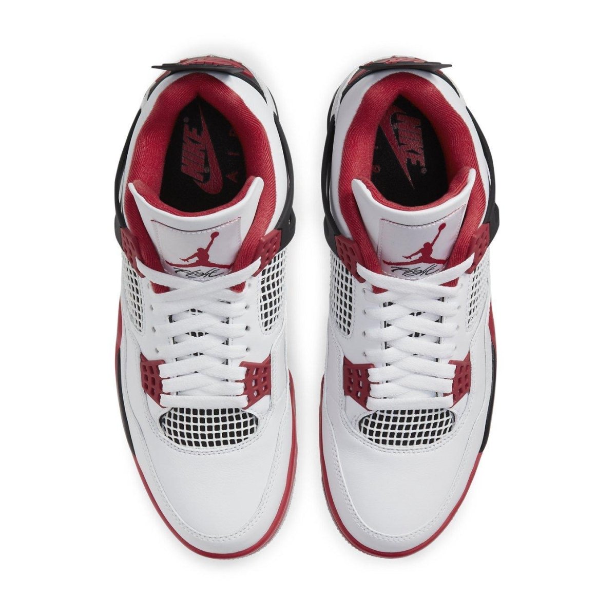 Top view of Jordan 4 Retro Fire Red 2020 sneakers featuring white leather, Fire Red accents, and Nike logo.