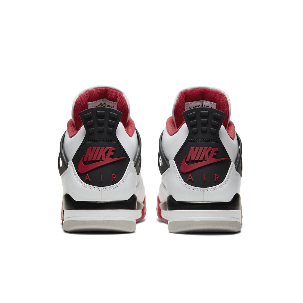Rear view of Air Jordan 4 Retro Fire Red 2020 featuring Nike Air logo in red.